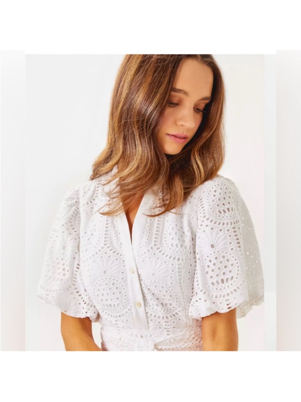 Lilly Pulitzer White Eyelet Puff-Sleeve Tie Mini Dress - Picture 3 of 8